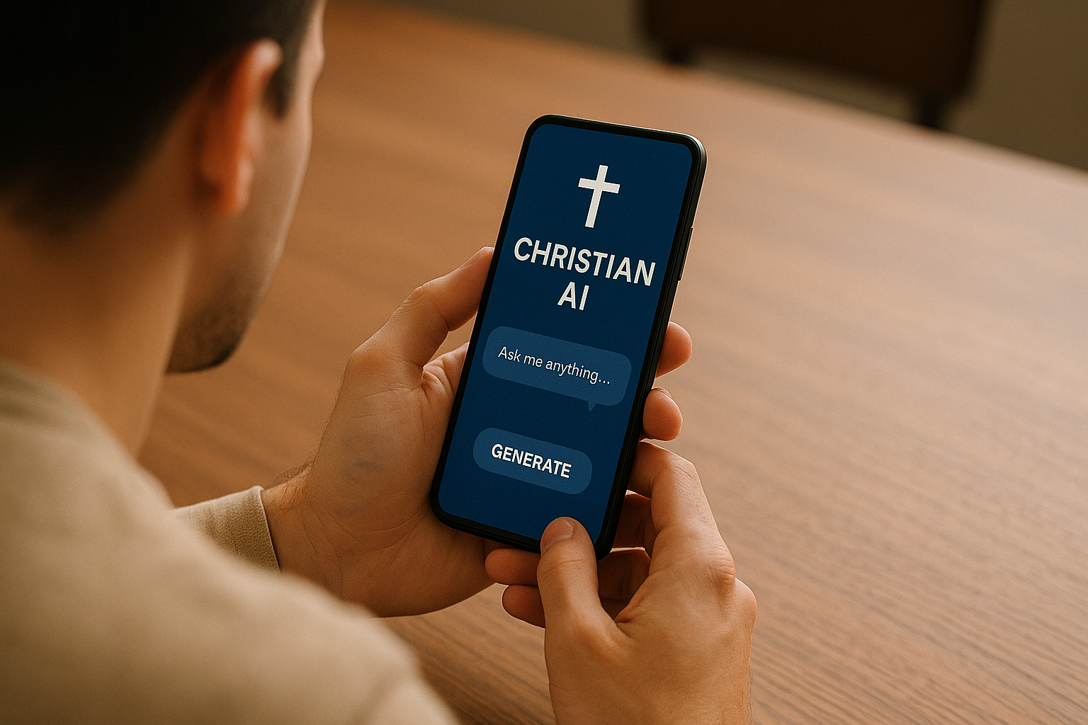 Man using Son of God AI Christian chatbot app on mobile phone for Bible study